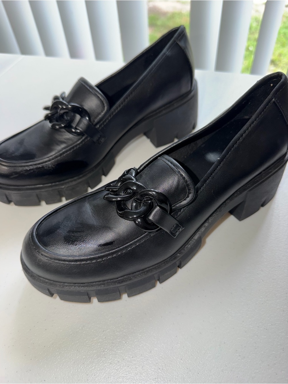 Black Chunky Chain Loafer Heels - Women's Dress Shoes